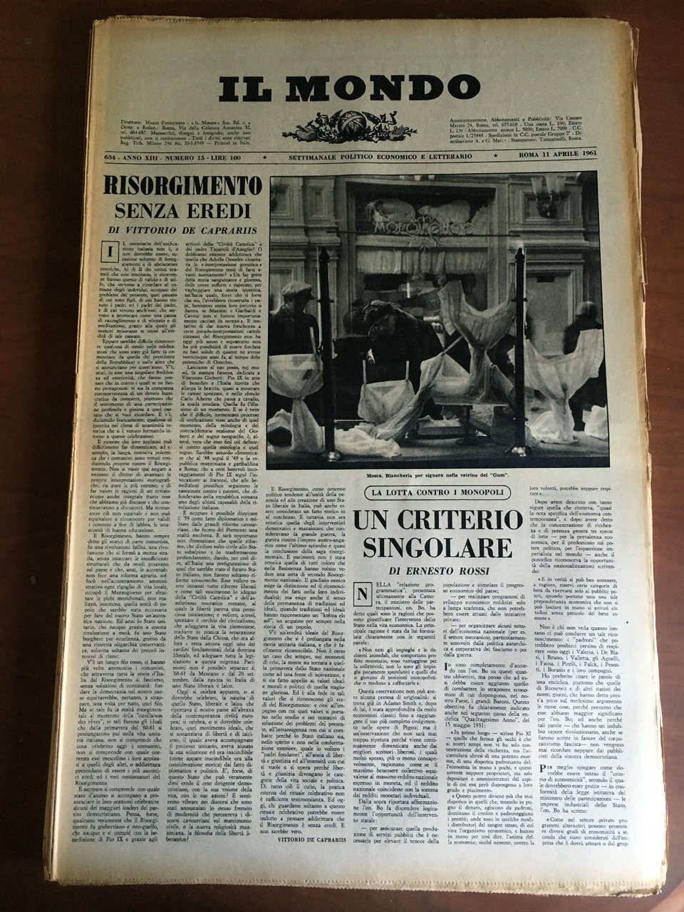 Il Mondo diretto da Mario Pannunzio 634 Anno XIII n^ … | Immagine principale