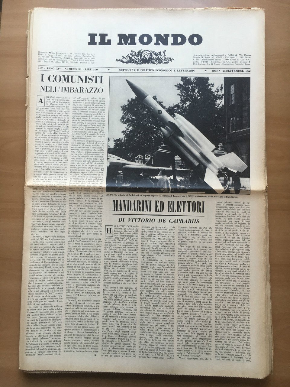 Il Mondo diretto da Mario Pannunzio 710 Anno XIV n^ …