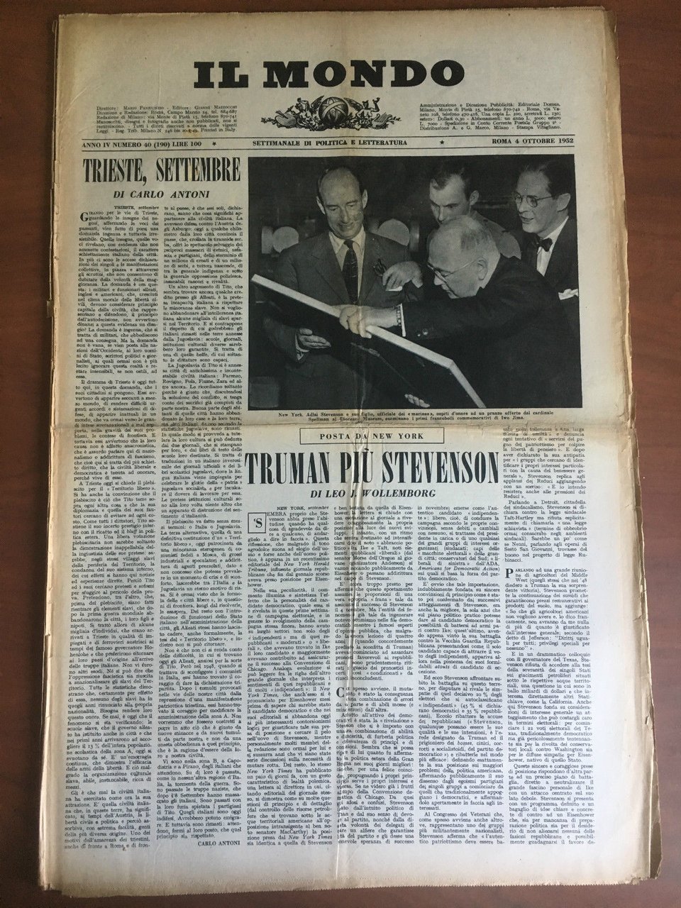 Il Mondo diretto da Mario Pannunzio Anno IV n^ 40 …