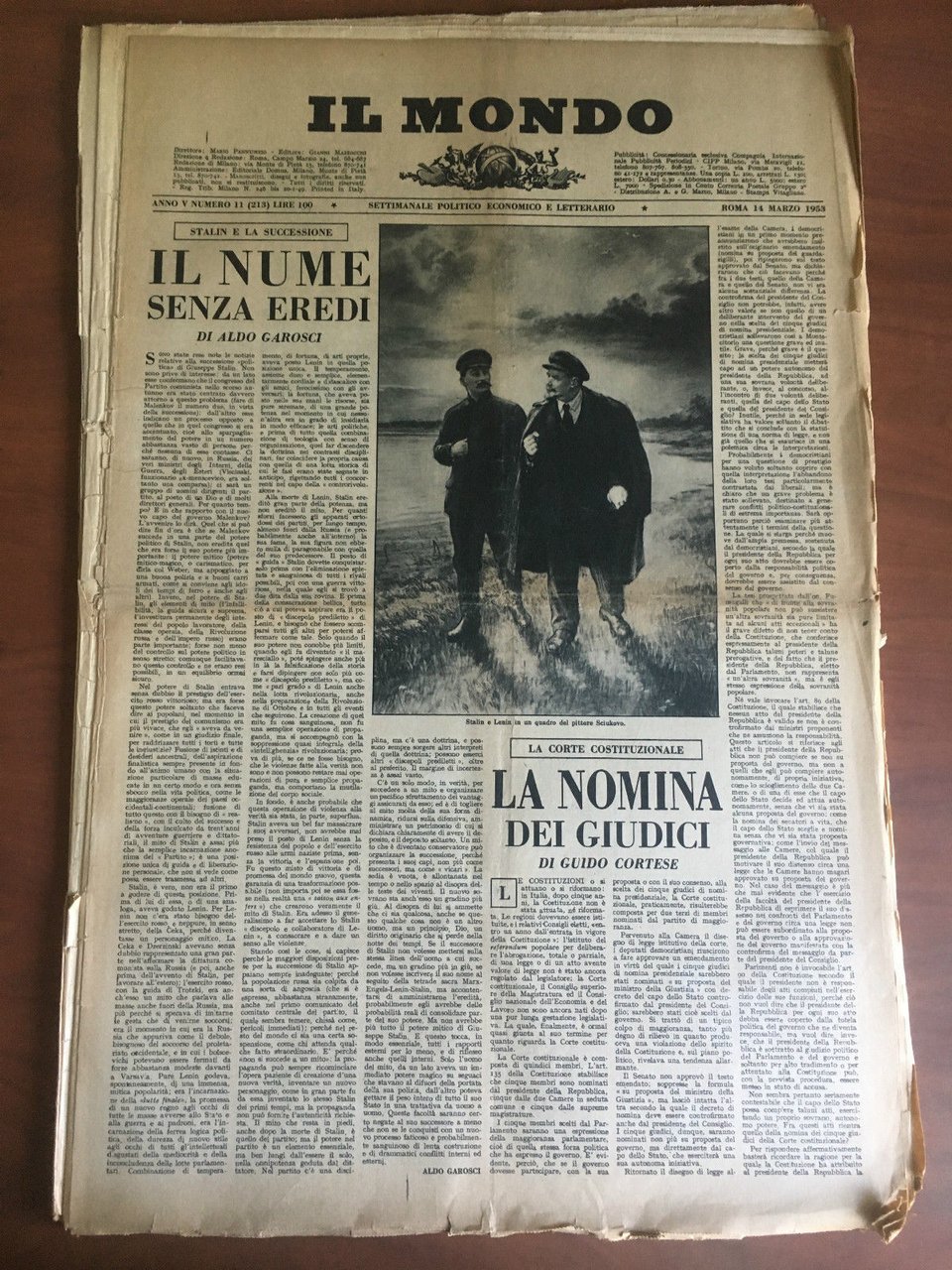 Il Mondo diretto da Mario Pannunzio Anno V n^ 11 …