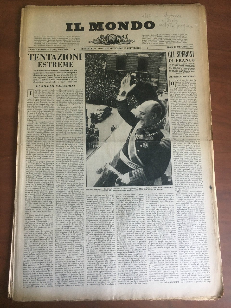 Il Mondo diretto da Mario Pannunzio Anno V n^ 41 …