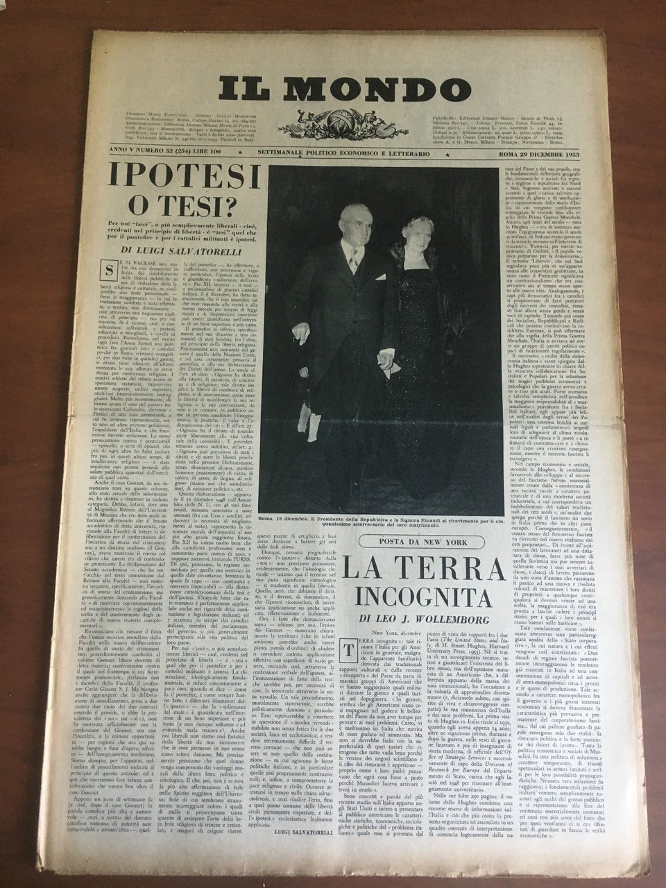 Il Mondo diretto da Mario Pannunzio Anno V n^ 52 …