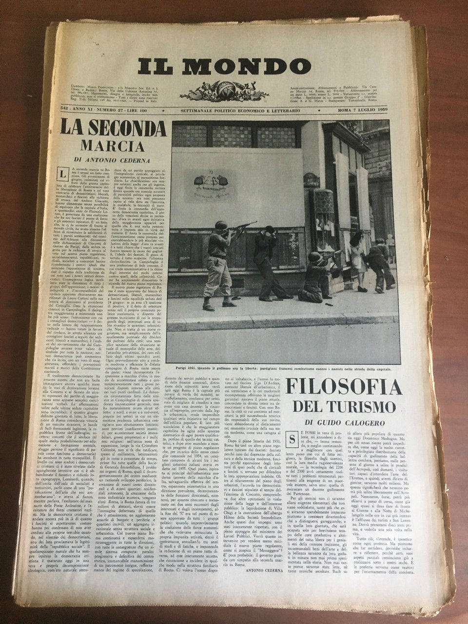 Il Mondo diretto da Mario Pannunzio Anno XI n^ 27 …