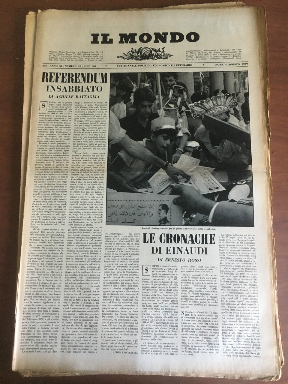 Il Mondo diretto da Mario Pannunzio Anno XI n^ 31 …