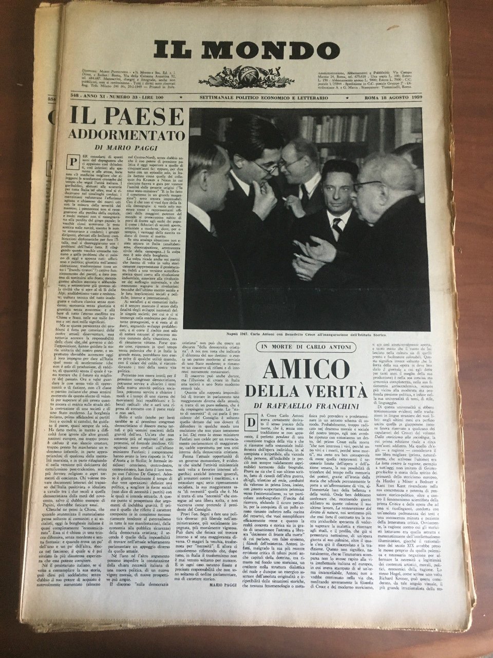 Il Mondo diretto da Mario Pannunzio Anno XI n^ 33 …