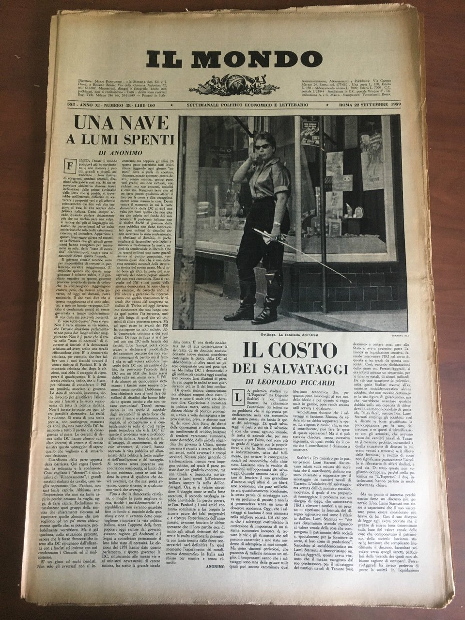 Il Mondo diretto da Mario Pannunzio Anno XI n^ 38 …