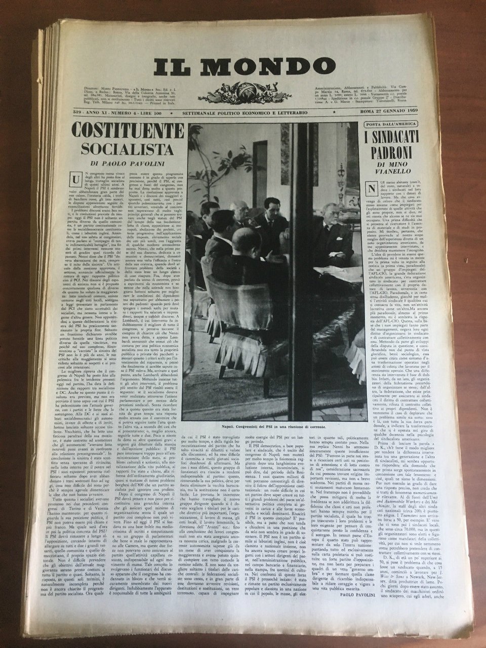 Il Mondo diretto da Mario Pannunzio Anno XI n^ 4 …