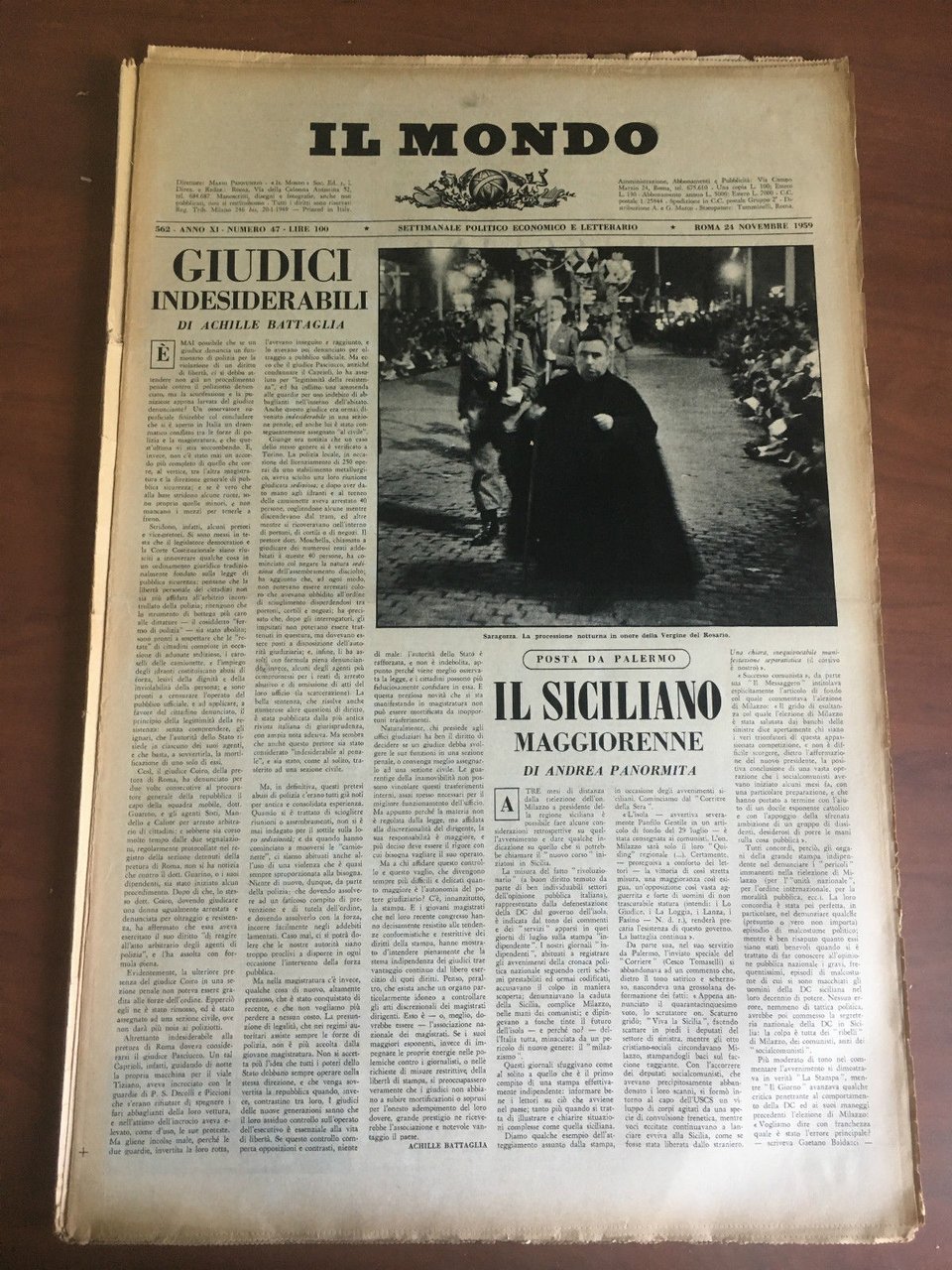 Il Mondo diretto da Mario Pannunzio Anno XI n^ 47 …