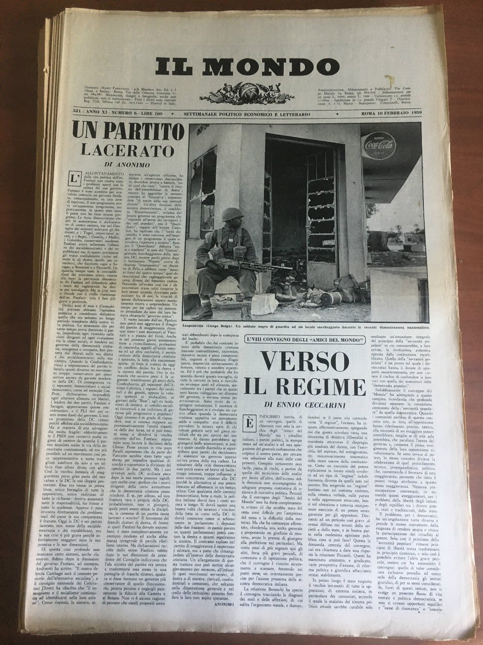 Il Mondo diretto da Mario Pannunzio Anno XI n^ 6 …