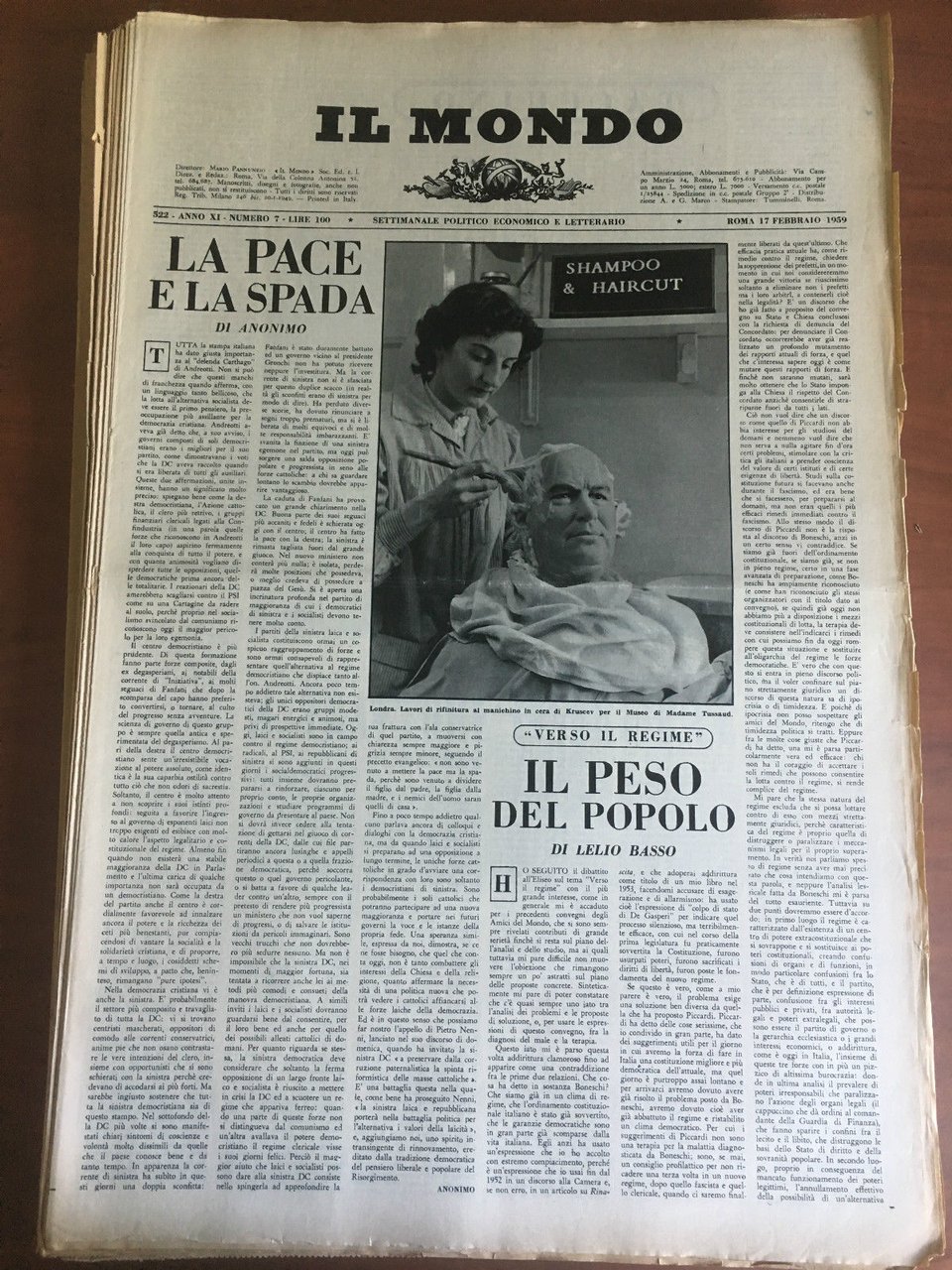 Il Mondo diretto da Mario Pannunzio Anno XI n^ 7 …