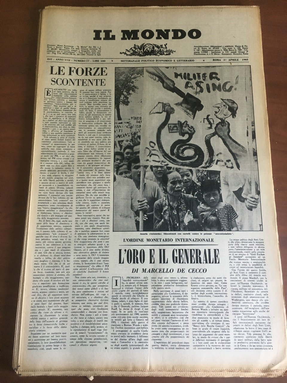 Il Mondo diretto da Mario Pannunzio Anno XVIII n^ 17 … | Immagine principale