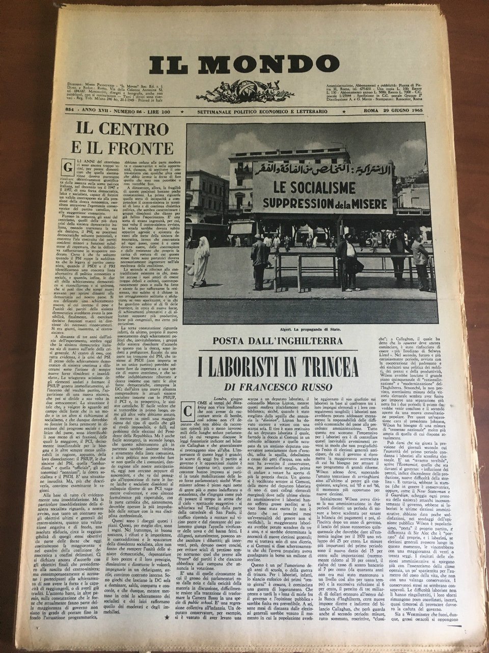 Il Mondo diretto da Mario Pannunzio Anno XVIII n^ 26 …