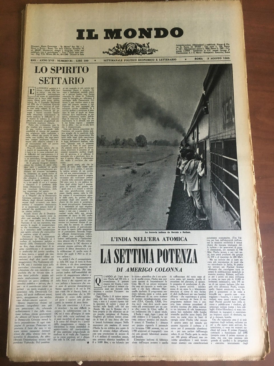 Il Mondo diretto da Mario Pannunzio Anno XVIII n^ 31 …