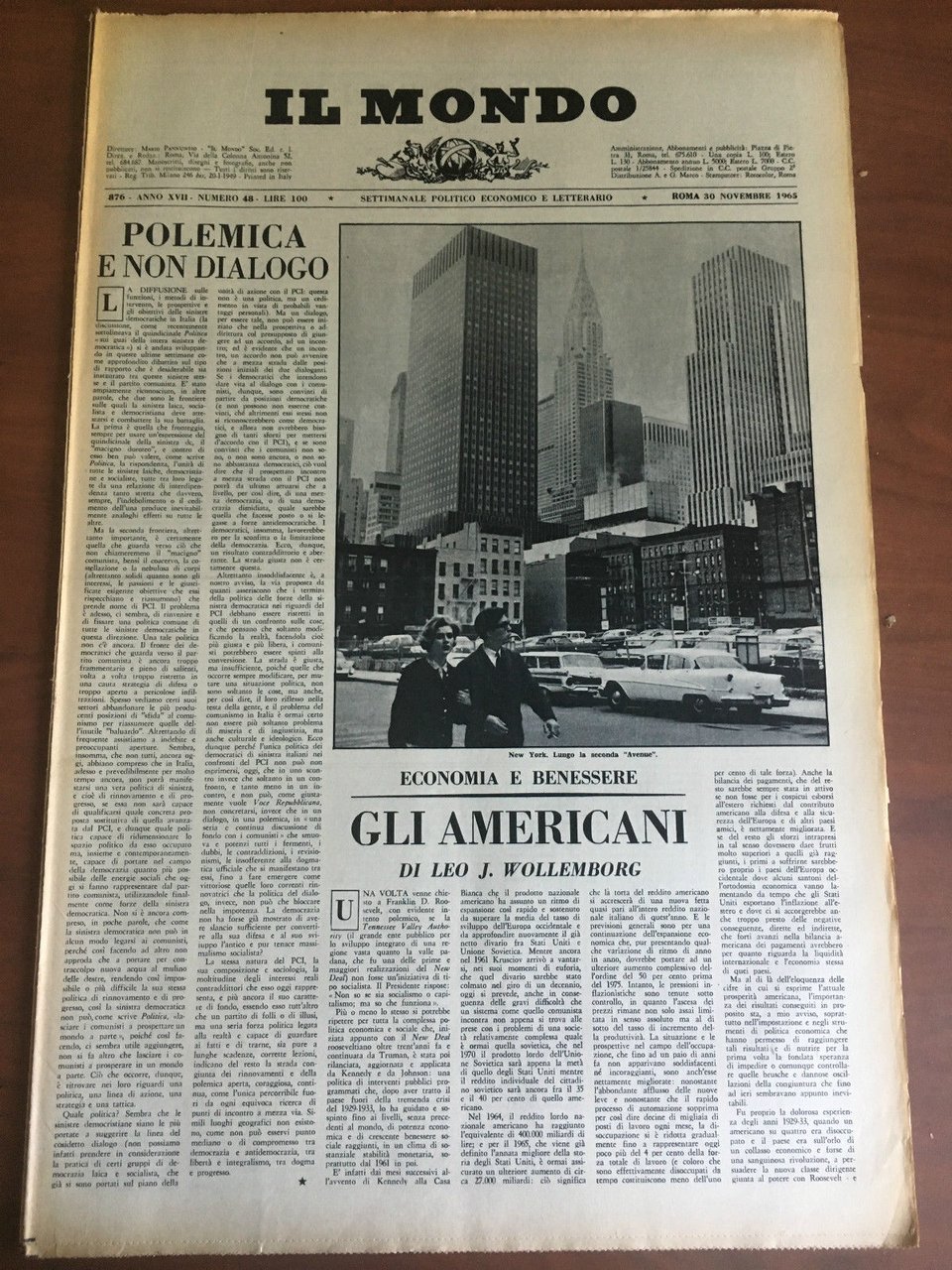 Il Mondo diretto da Mario Pannunzio Anno XVIII n^ 48 …