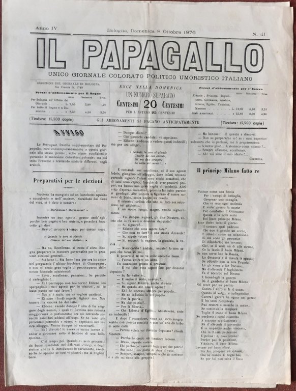IL PAPAGALLO primo giornale colorato politico 1876