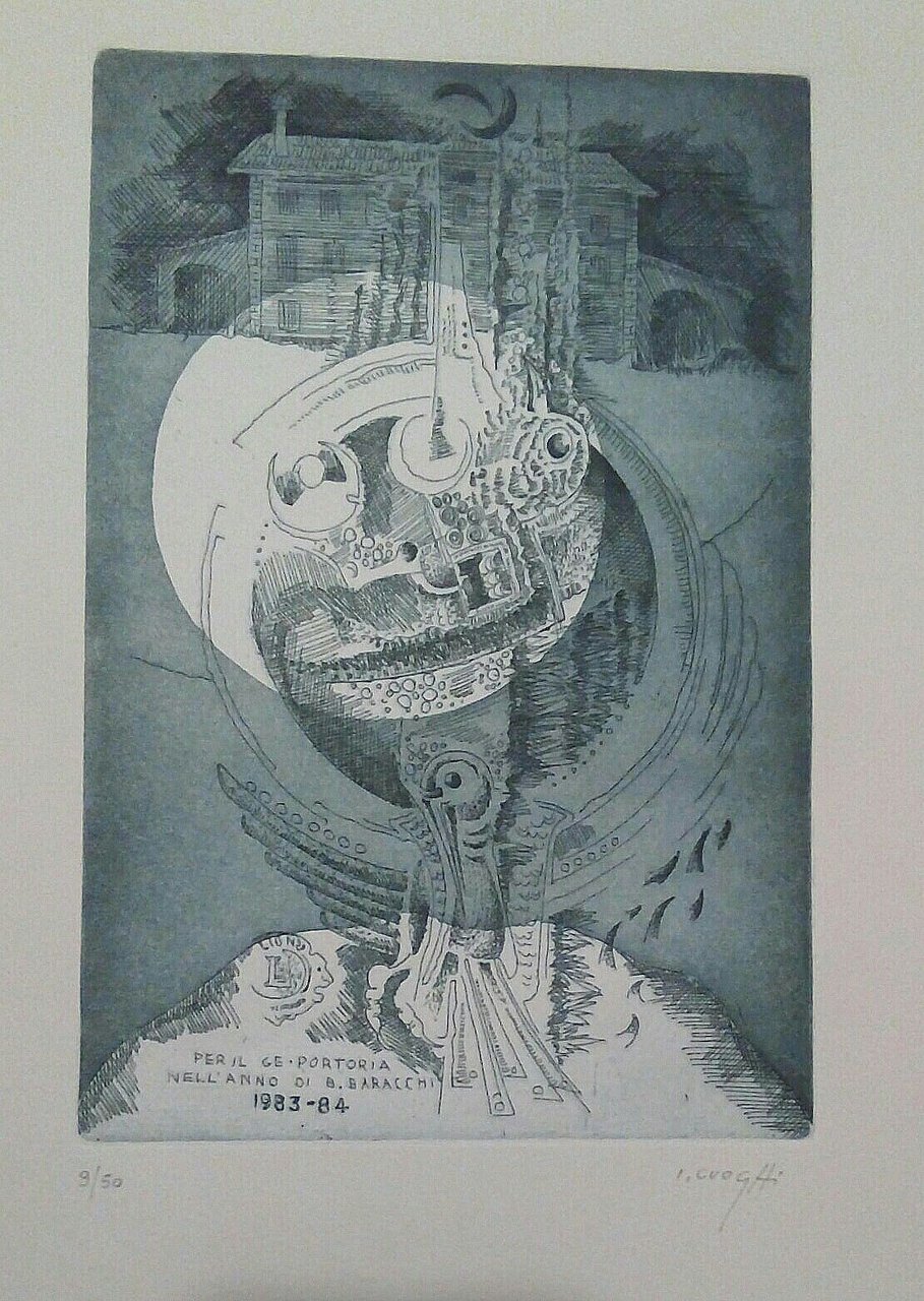 Ilario Cuoghi acquatinta "Per il Genova -Portoria" 1984