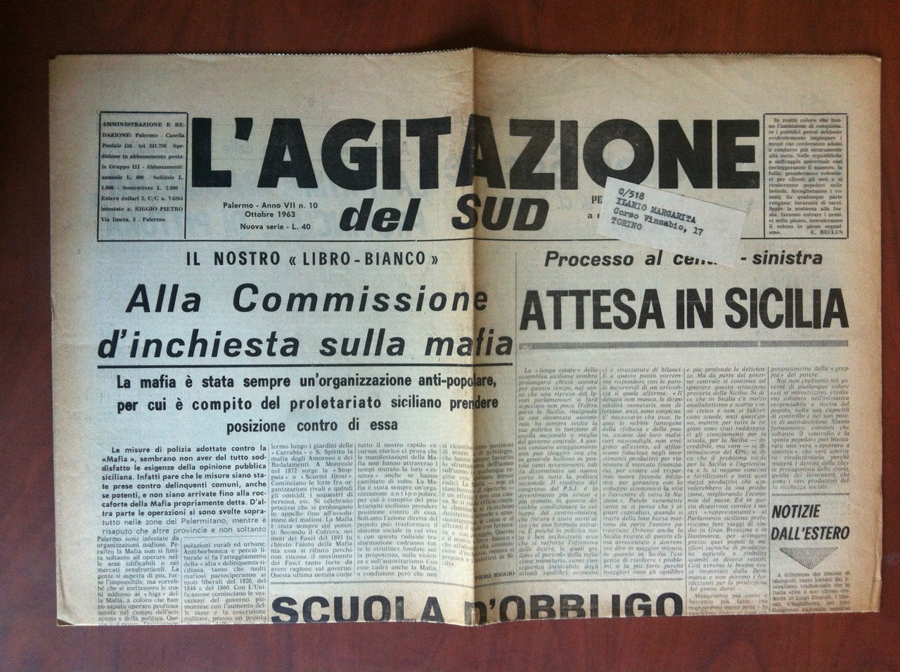 L'Agitazione del Sud Ottobre 1963 indirizzato a Ilario Margarita - …