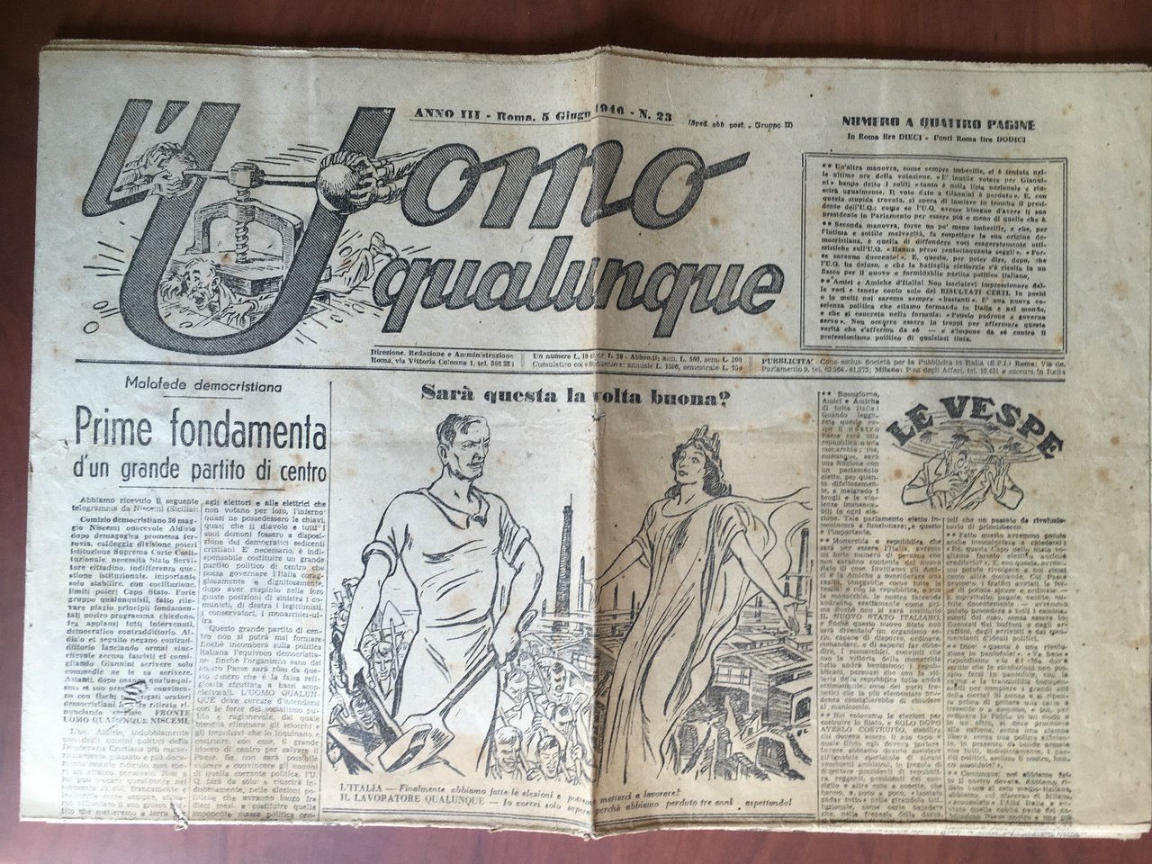 L'Uomo qualunque Anno III Roma 5 Giugno 1946 n^ 23 …