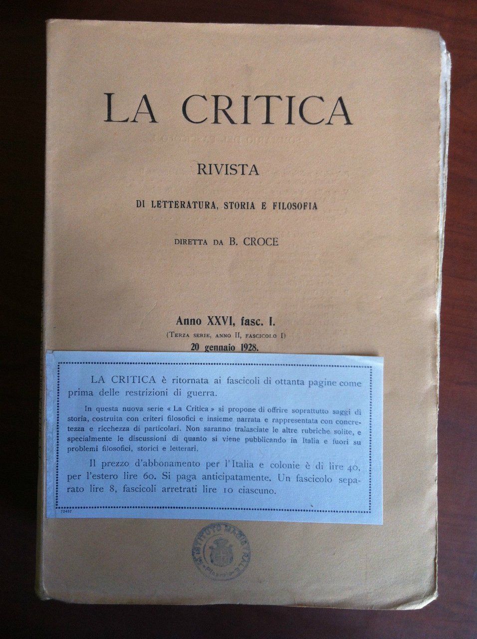 La critica Anno XXVI fasc. I - 20 Gennaio 1928 …