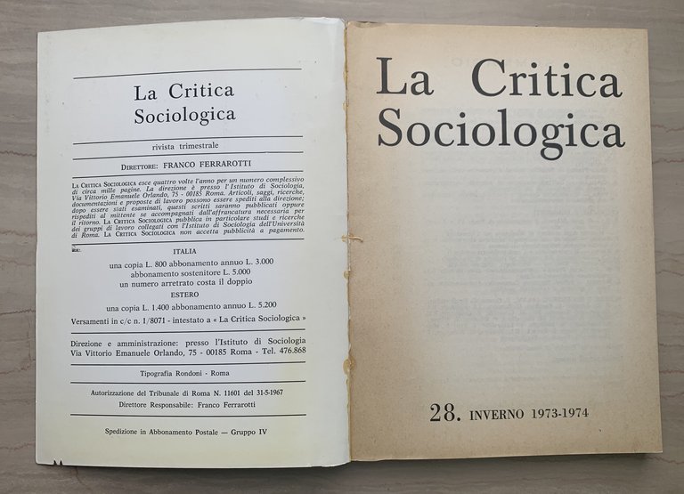 La Critica Sociologica: rivista trimestrale. 28. Inverno 1973-1974 | Immagine Gallery 2