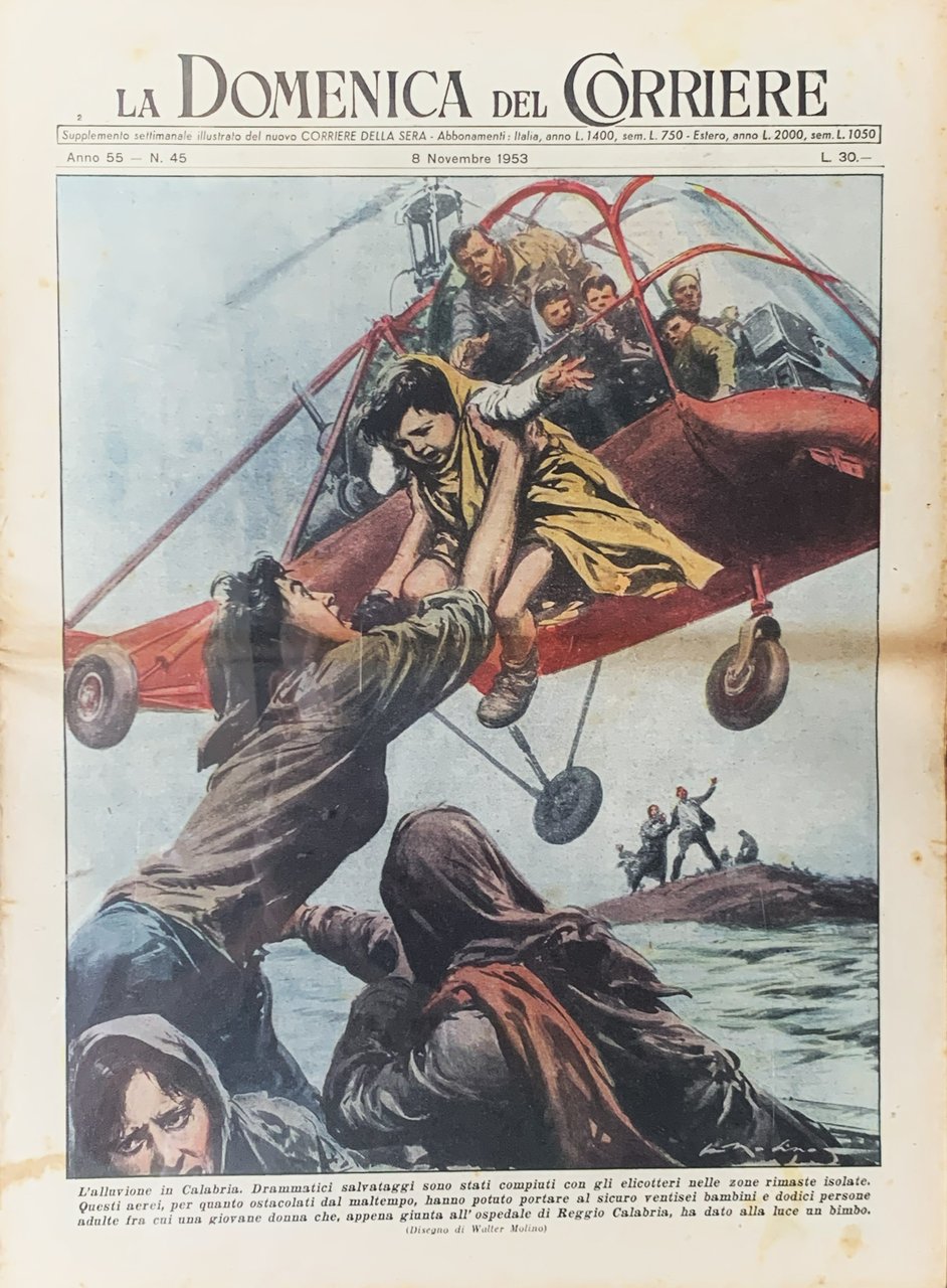 La Domenica del Corriere-Alluvione in Calabria disegno di W.Molino 1953
