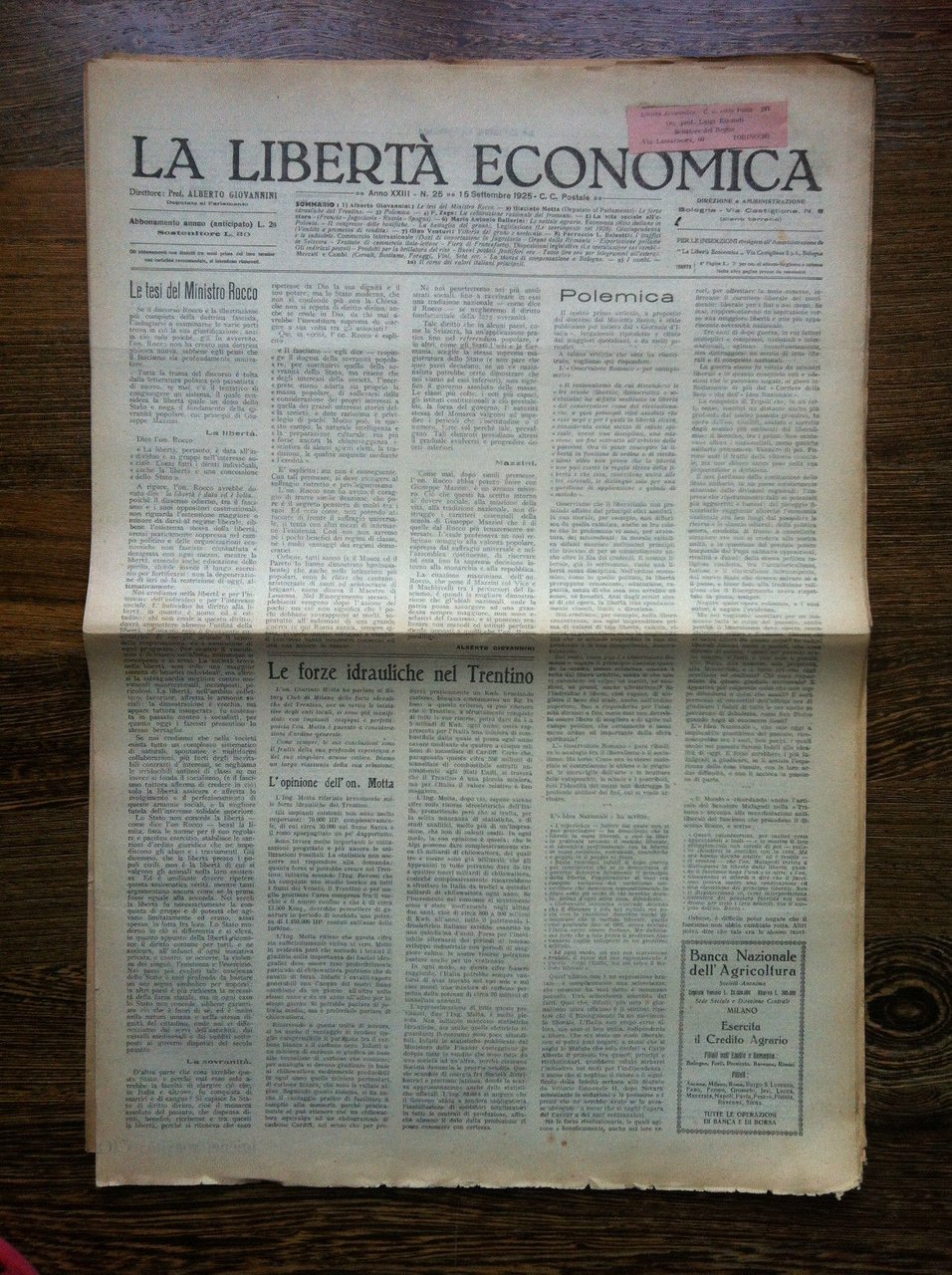 La libertà economica 15 Settembre 1925 Anno XXIII n^ 25 …