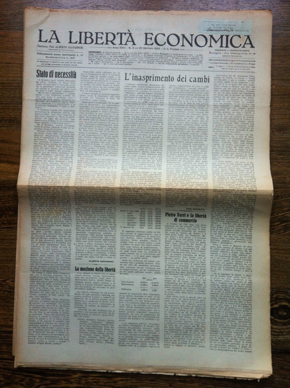 La libertà economica 20 Gennaio 1925 Anno XXIII n^ 3 …