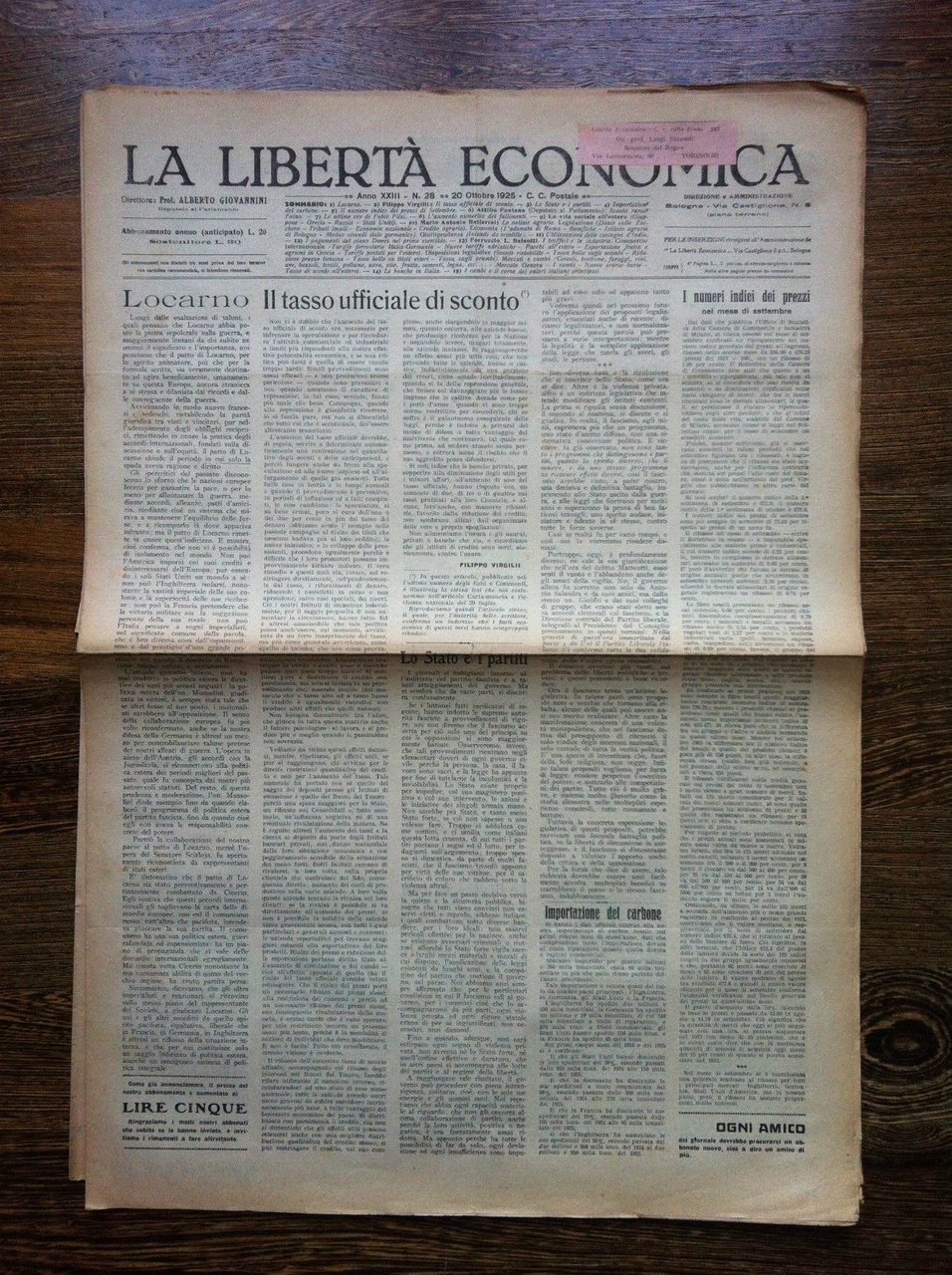 La libertà economica 20 Ottobre 1925 Anno XXIII n^ 28 …