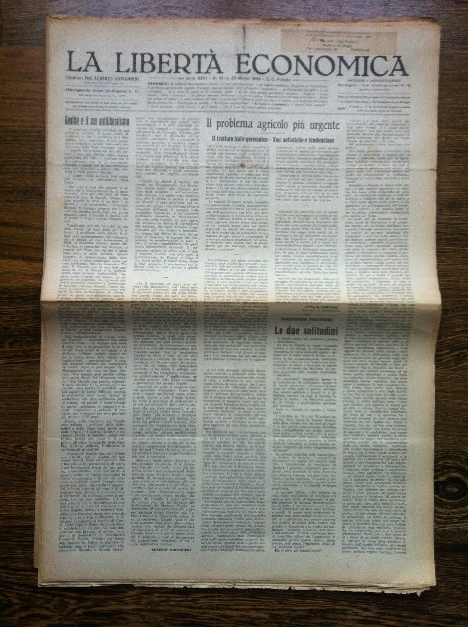 La libertà economica 22 Marzo 1925 Anno XXIII n^ 10 …