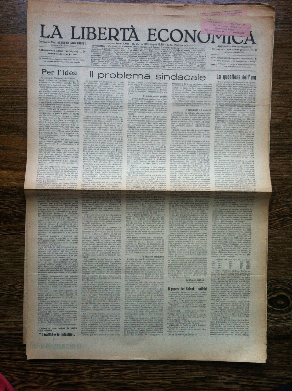 La libertà economica 30 Giugno 1925 Anno XXIII n^ 20 …