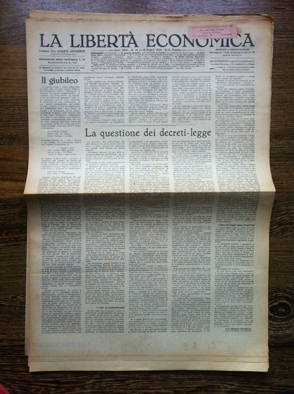 La libertà economica 6 Giugno 1925 Anno XXIII n^ 18 … | Immagine principale