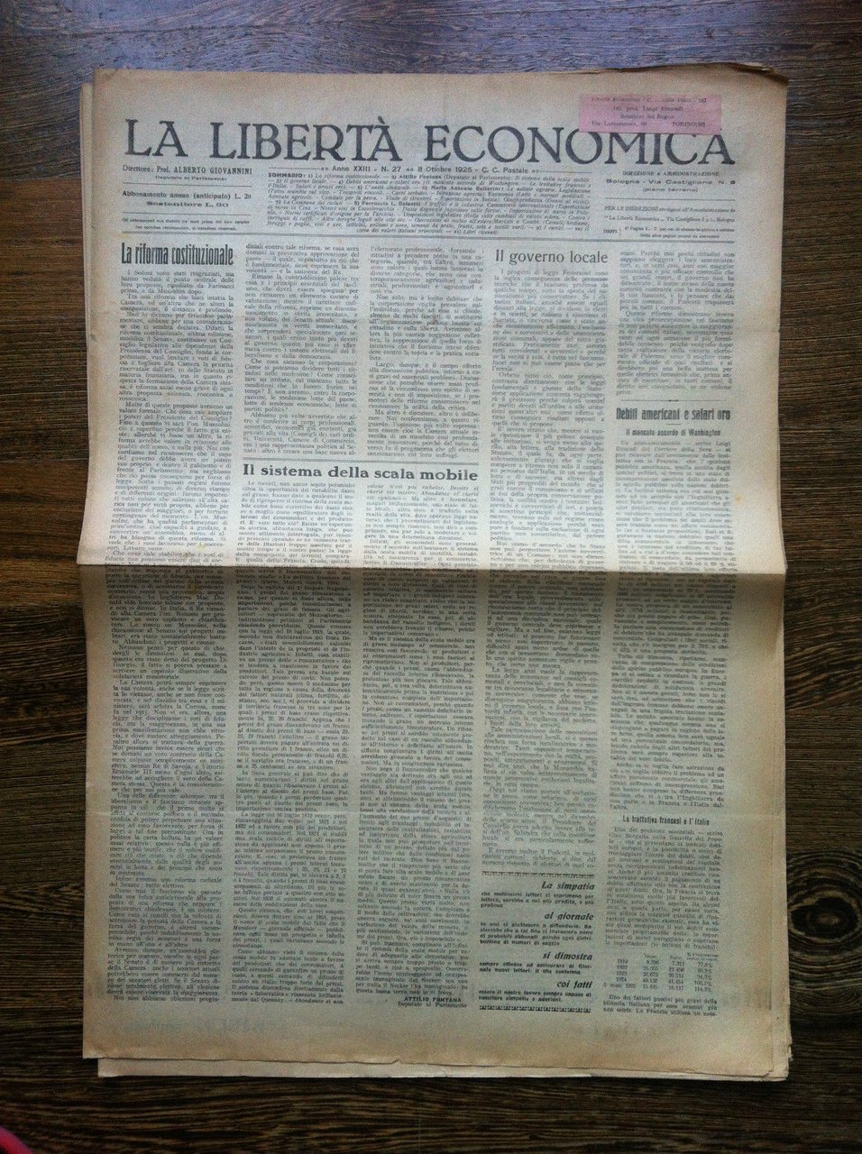 La libertà economica 8 Ottobre 1925 Anno XXIII n^ 27 … | Immagine principale