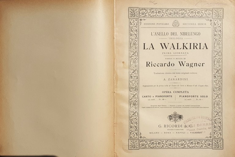 La Walkiria opera completa canto e pianoforte Ricordi 1910 ca.
