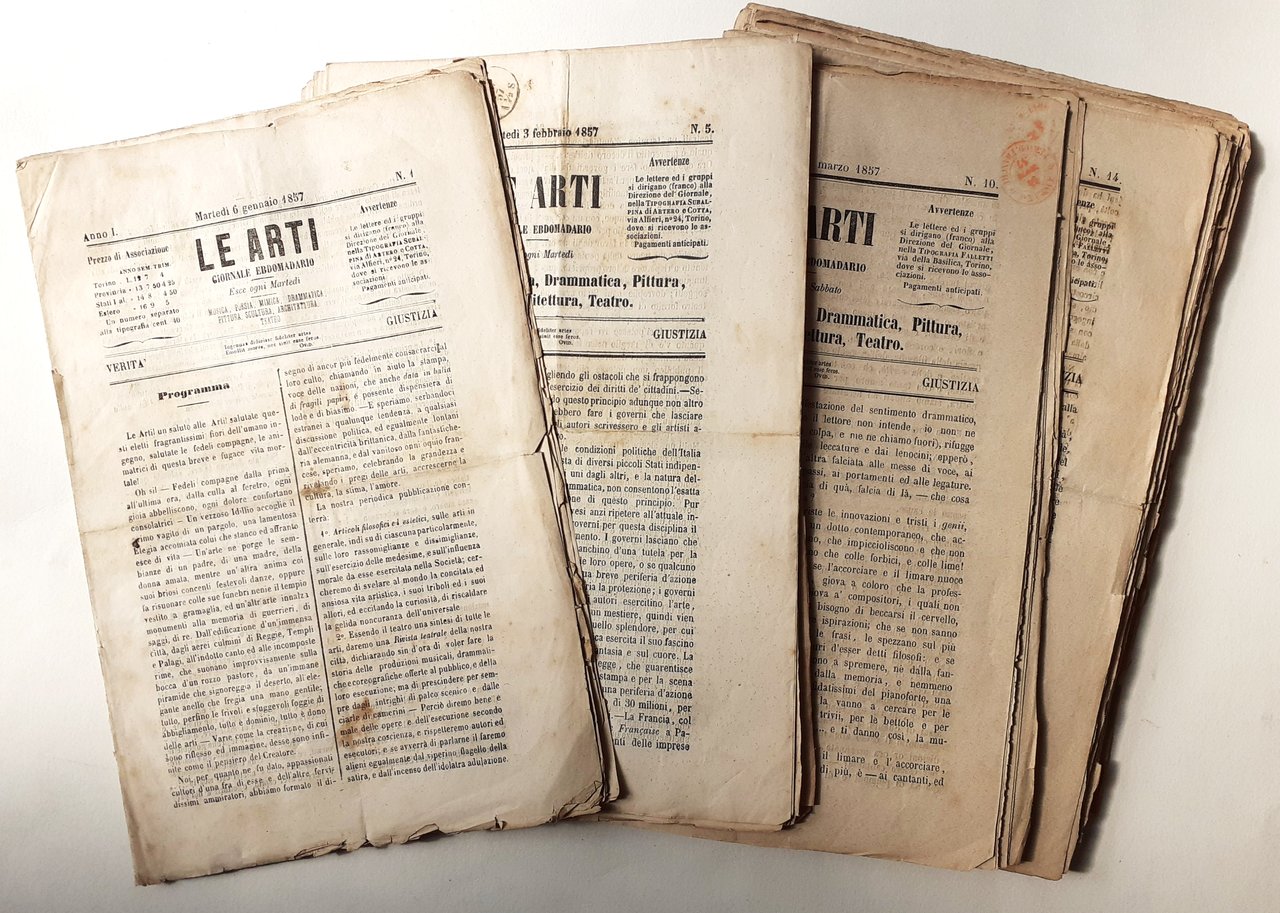 LE ARTI giornale ebdomadario primo anno di pubblicazione 1857 Torino