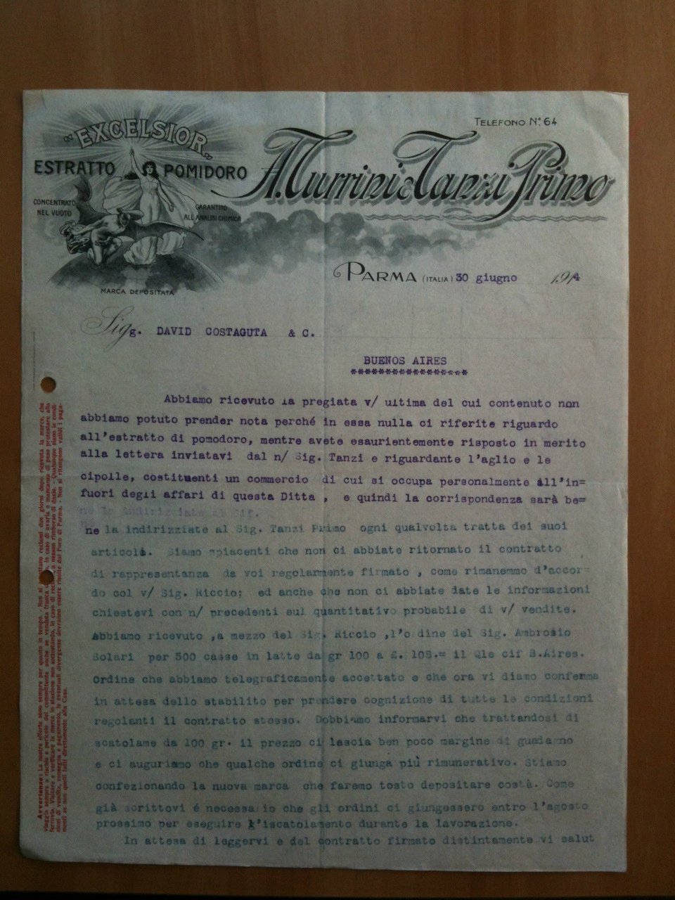 Lettera Commerciale A. Turrini - Tanzi Primo Parma 1914 EXCELSIOR …