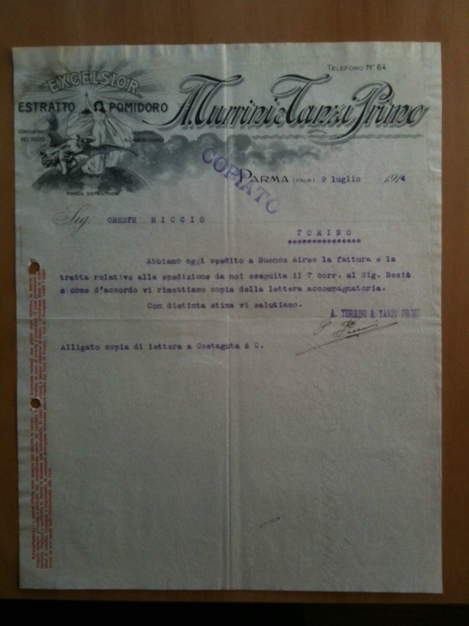 Lettera Commerciale A. Turrini - Tanzi Primo Parma 1914 EXCELSIOR …
