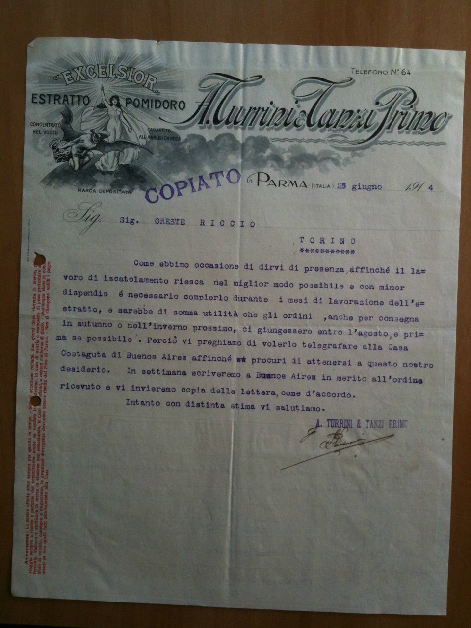 Lettera Commerciale A. Turrini - Tanzi Primo Parma 1914 EXCELSIOR …