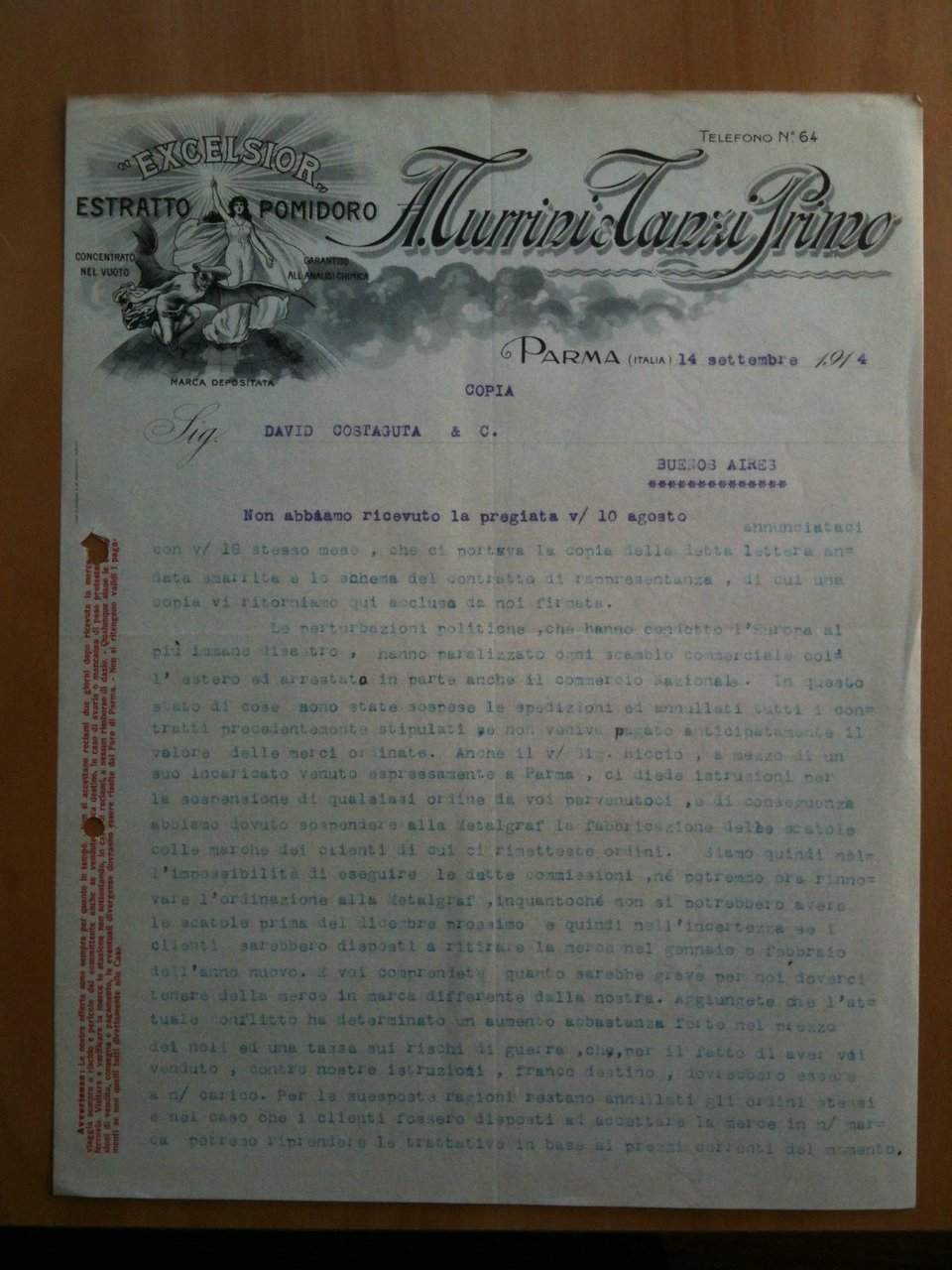 Lettera Commerciale A. Turrini - Tanzi Primo Parma 1914 EXCELSIOR …