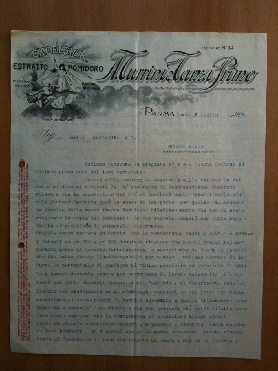 Lettera Commerciale A. Turrini - Tanzi Primo Parma 1914 EXCELSIOR …