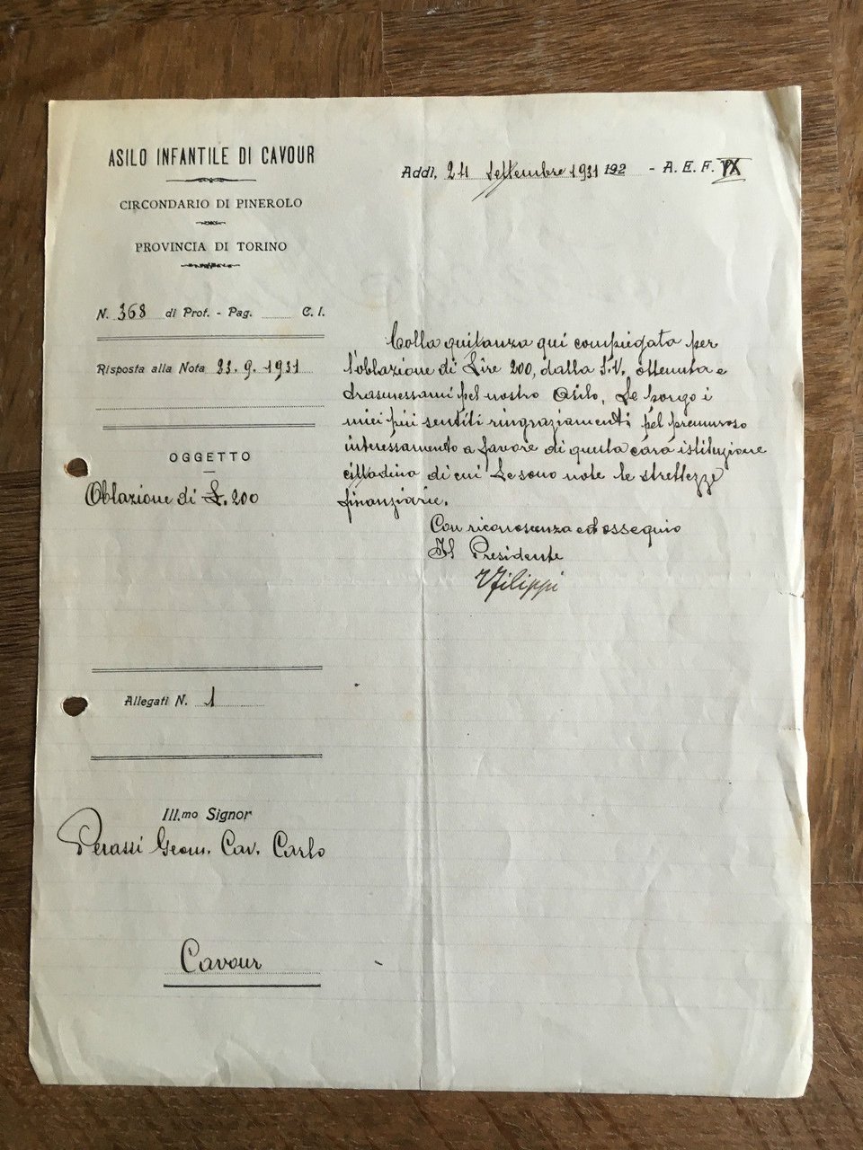 Lettera Commerciale Asilo infantile Cavour Pienerolo 1931 - E21963