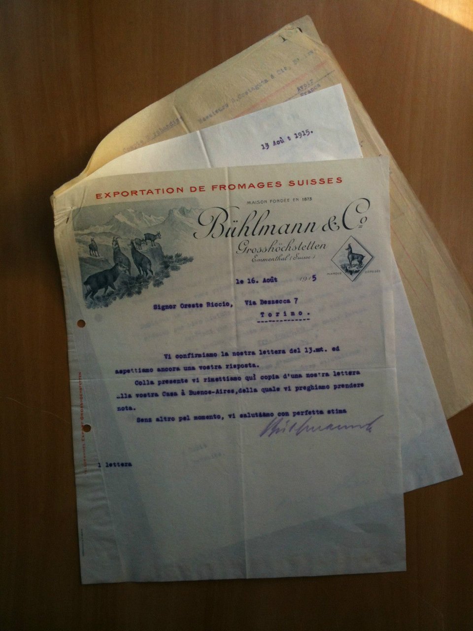 Lettera Commerciale Buhlmann &amp; Co Emmenthal Suisse exportation 1915