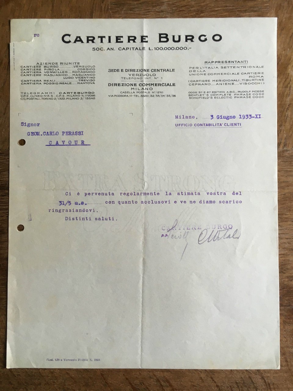 Lettera Commerciale Cartiere Burgo Milano 1933 - E21932