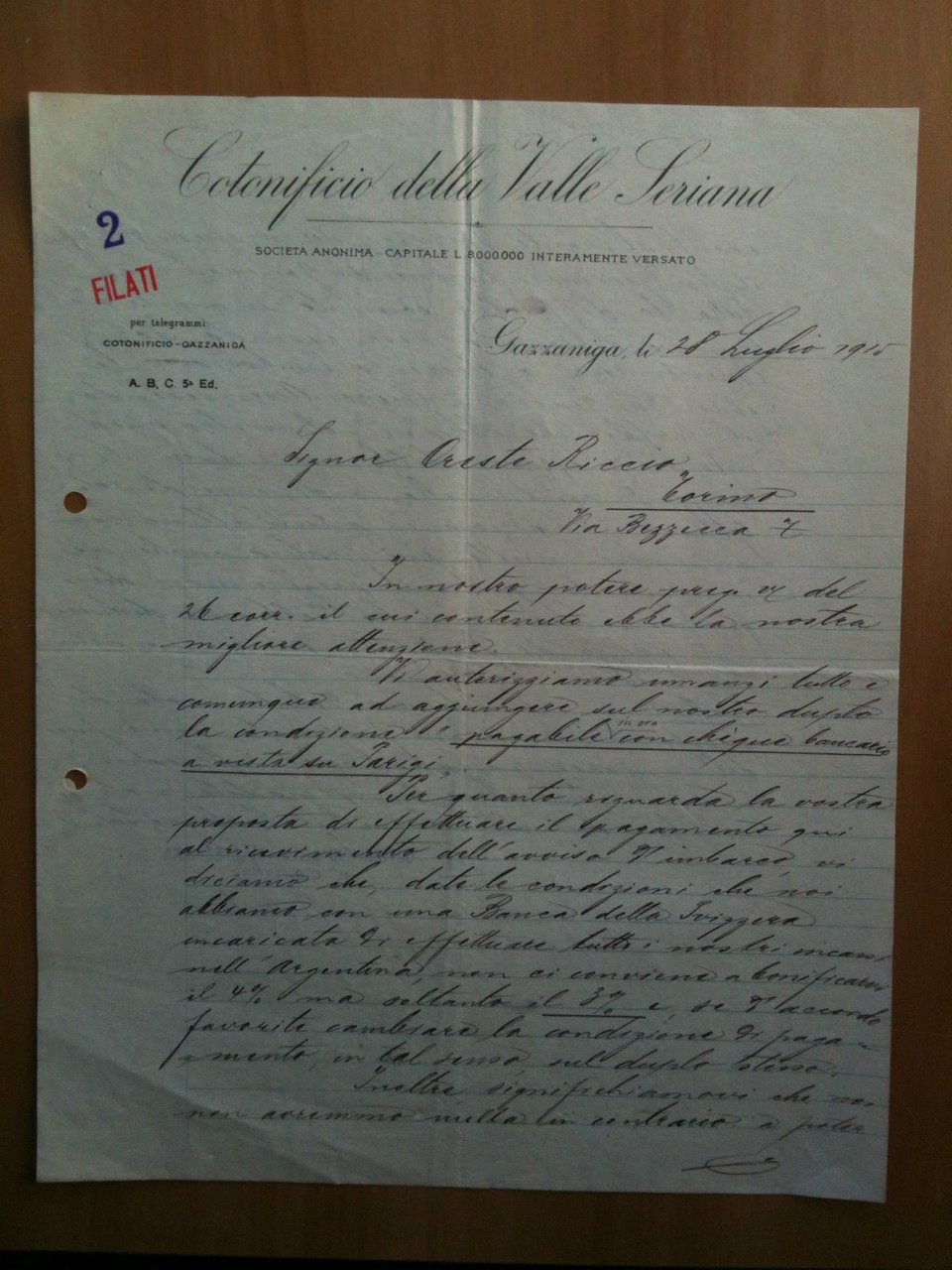 Lettera Commerciale Cotonificio della Valle Seriana 1915 | Immagine principale
