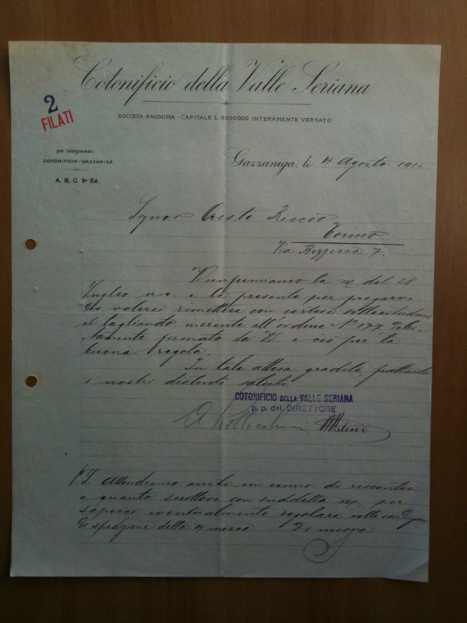 Lettera Commerciale Cotonificio della Valle Seriana 1915