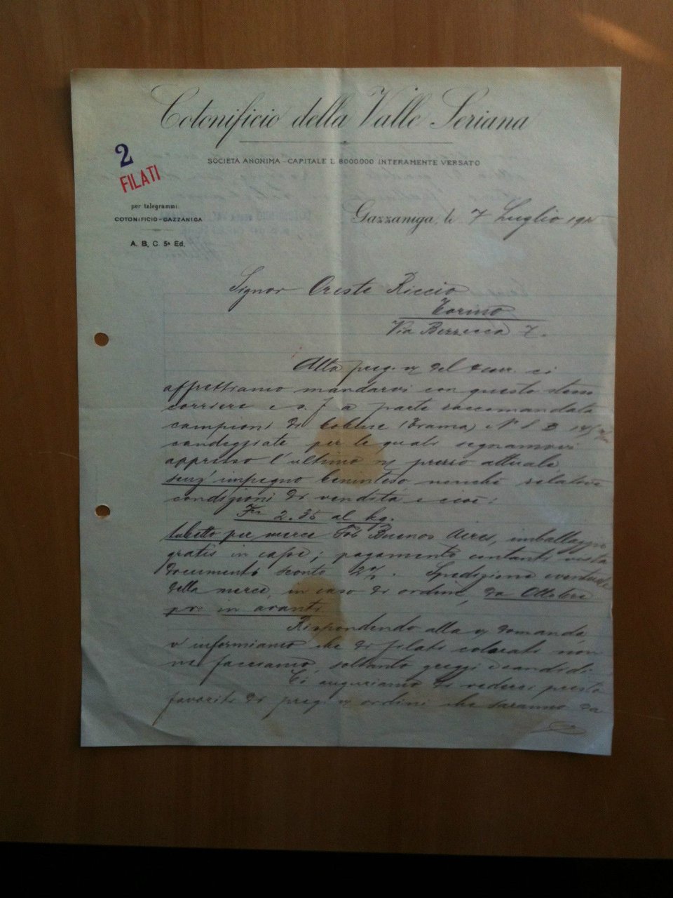 Lettera Commerciale Cotonificio della Valle Seriana 1915
