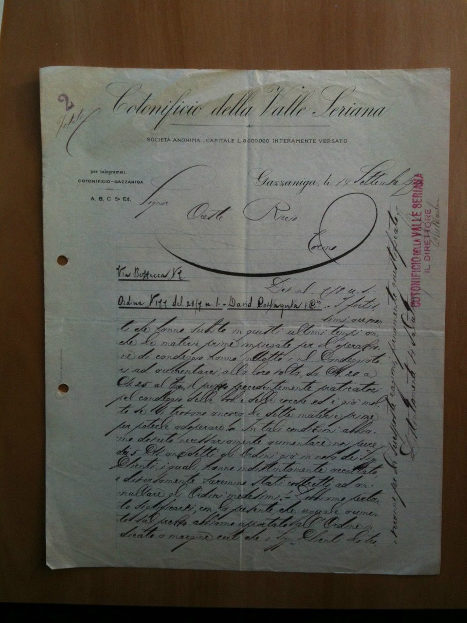 Lettera Commerciale Cotonificio della Valle Seriana 1915
