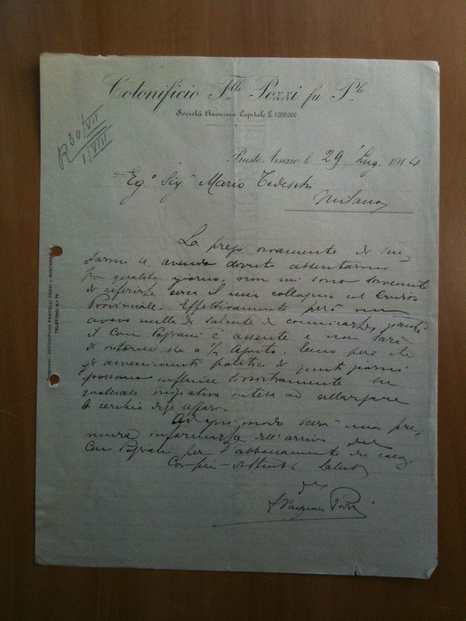 Lettera Commerciale Cotonificio F.lli Pozzi fu P.le 1914