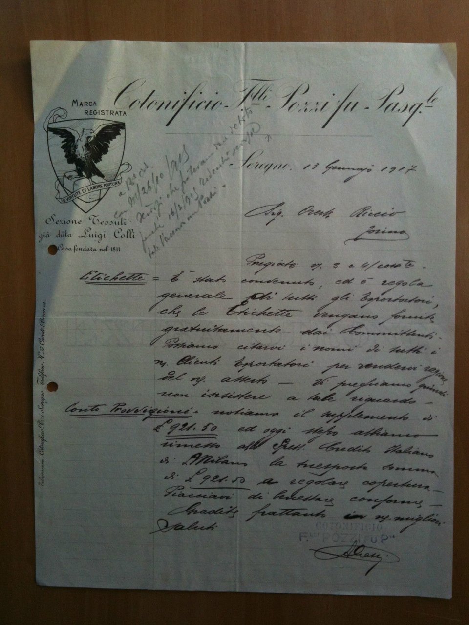 Lettera Commerciale Cotonificio F.lli Pozzi fu Pasq.le 1917