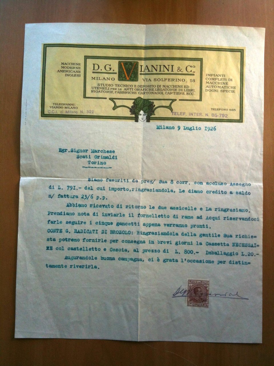 Lettera Commerciale D.G. Ianini &amp; Co Milano Via Solferino 18 …
