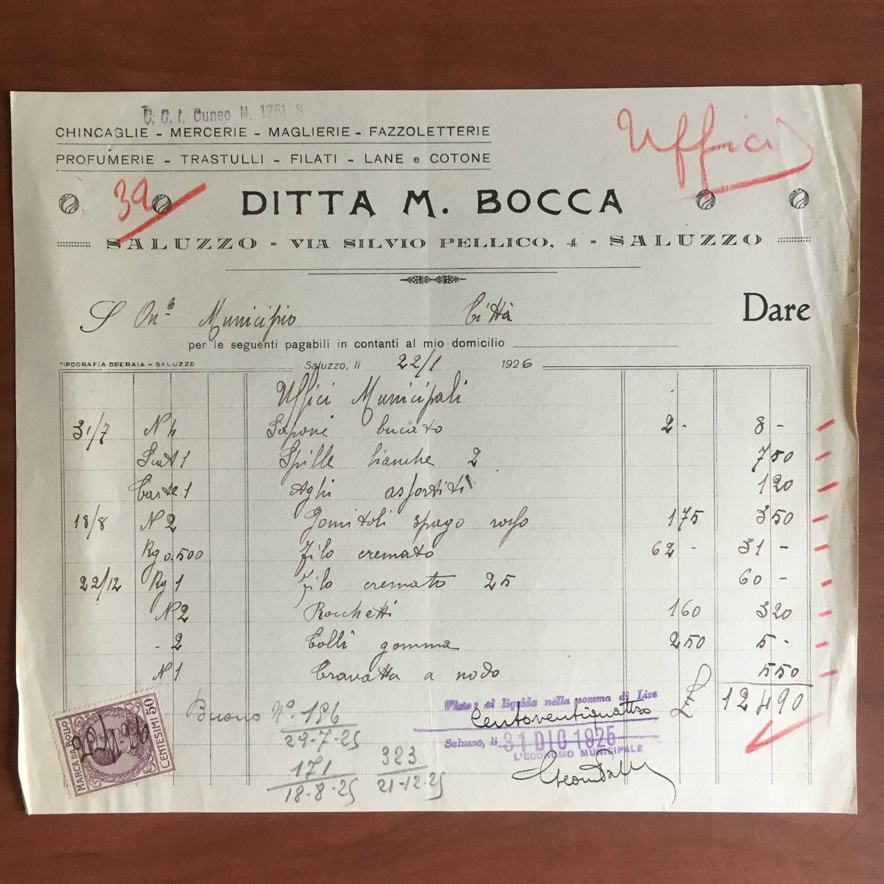 Lettera commerciale Ditta M. Bocca Saluzzo 1925 - E22068 | Immagine principale